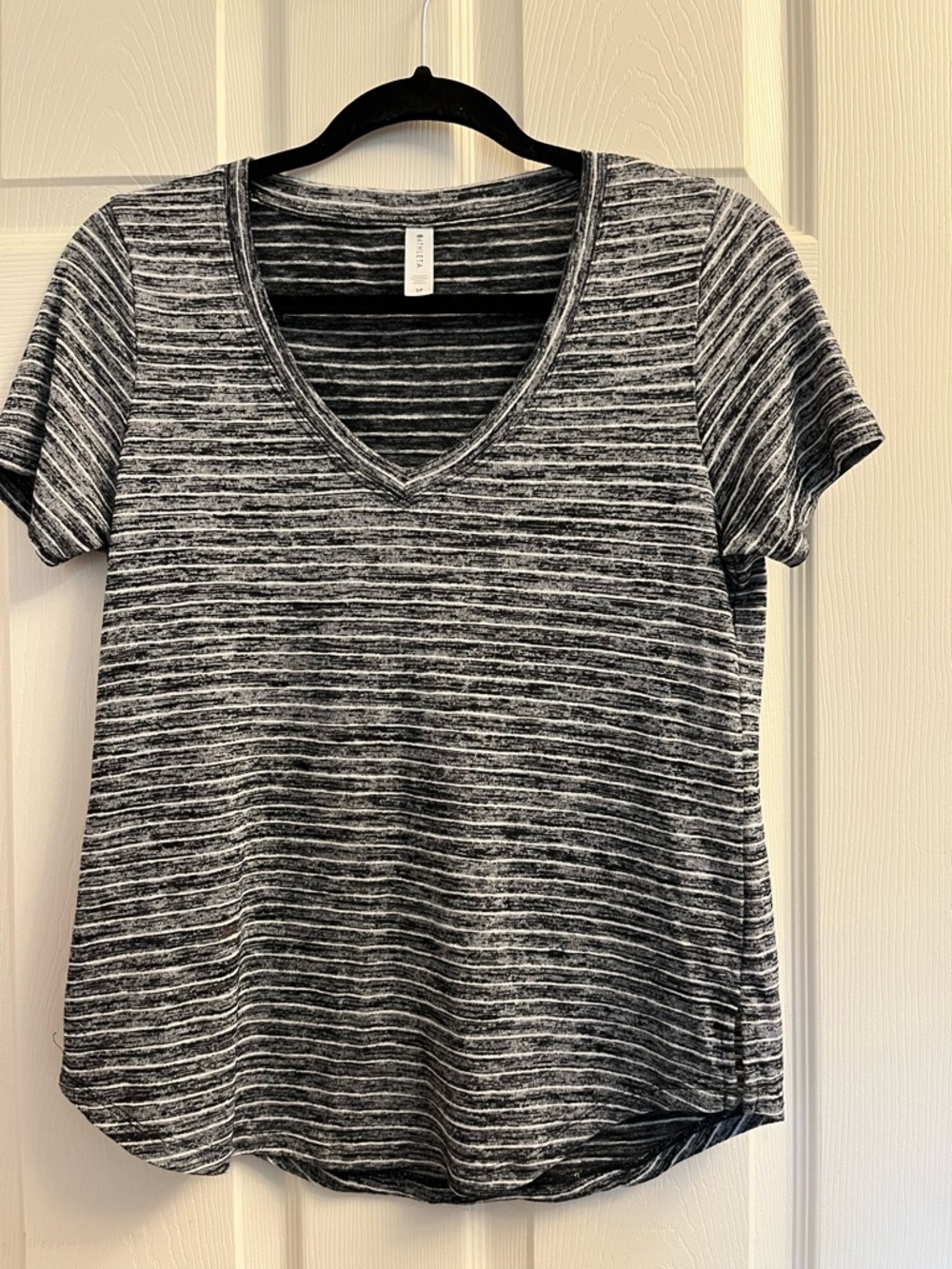 Athleta Women’s Striped V-Neck Short Sleeve Tee - Charcoal & White Small Petite